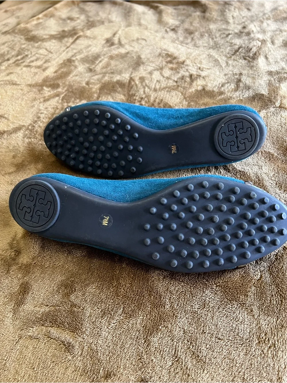 Tory Burch Teal Suede Flats with Teal Snakeskin Cap Toe